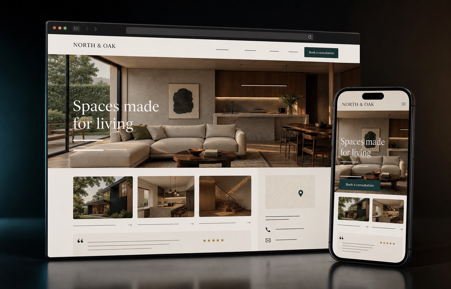 A polished custom architecture studio website shown on desktop and mobile screens